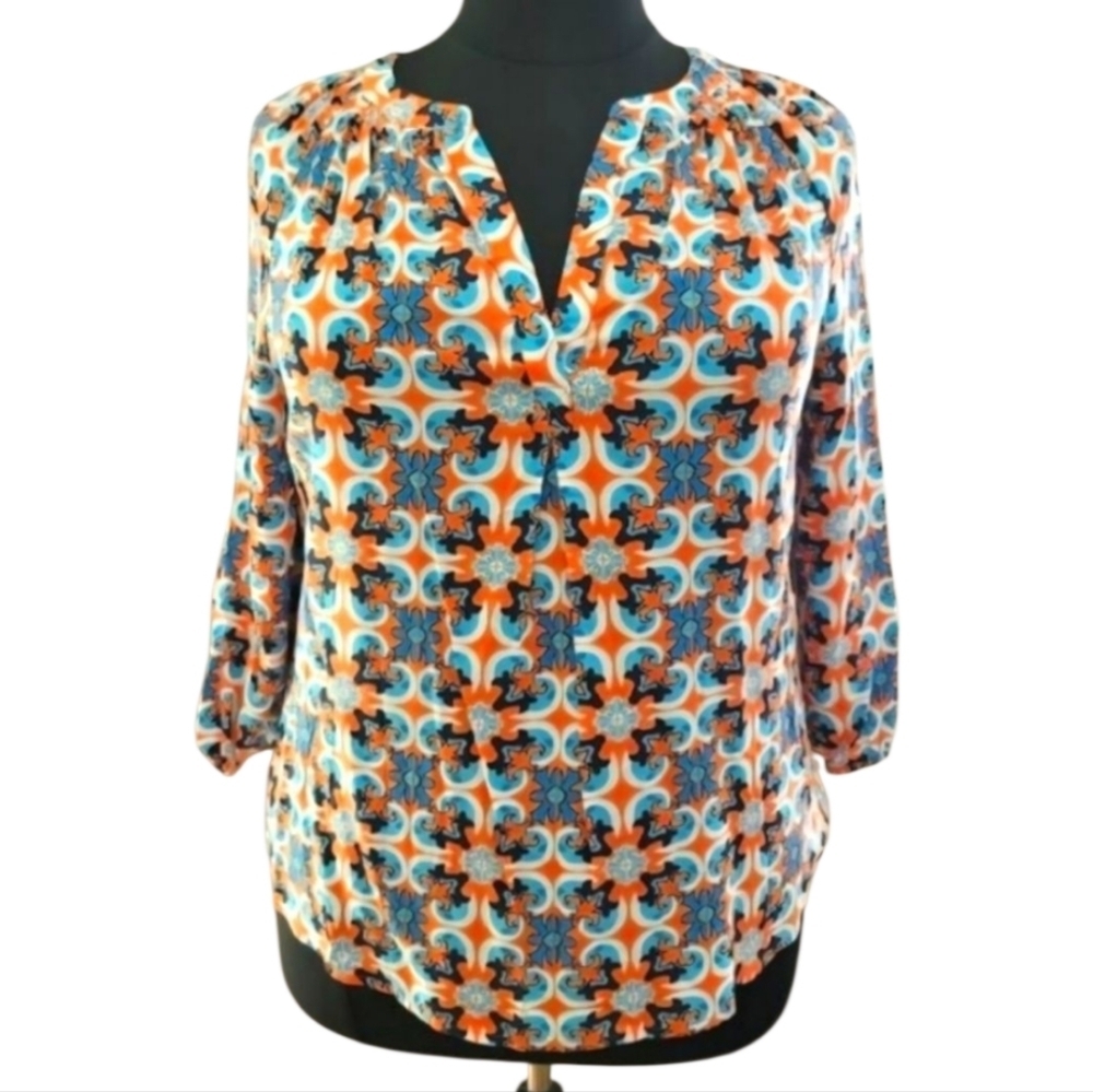 New Crown & Ivy Women Plus Blue White V Neck Boho Chic Tunic Blouse Top 0X